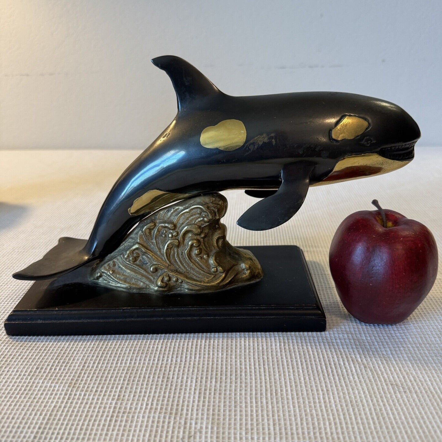 Orca Metal Sculpture No Marking Wooden Base Randy Puckett Style Not Original