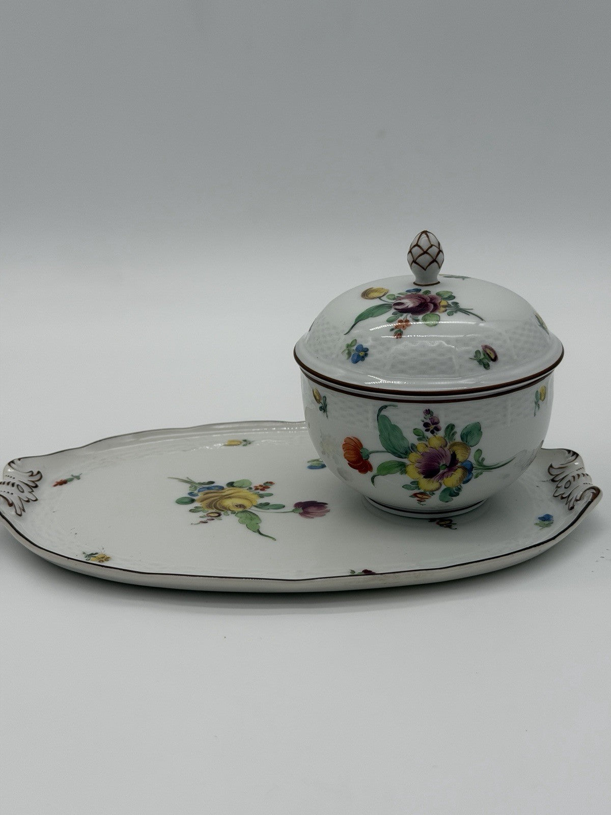 Antique Nymphenburg Porcelain Floral Sugar Bowl & Tray Basket Weave Set 2 PCs