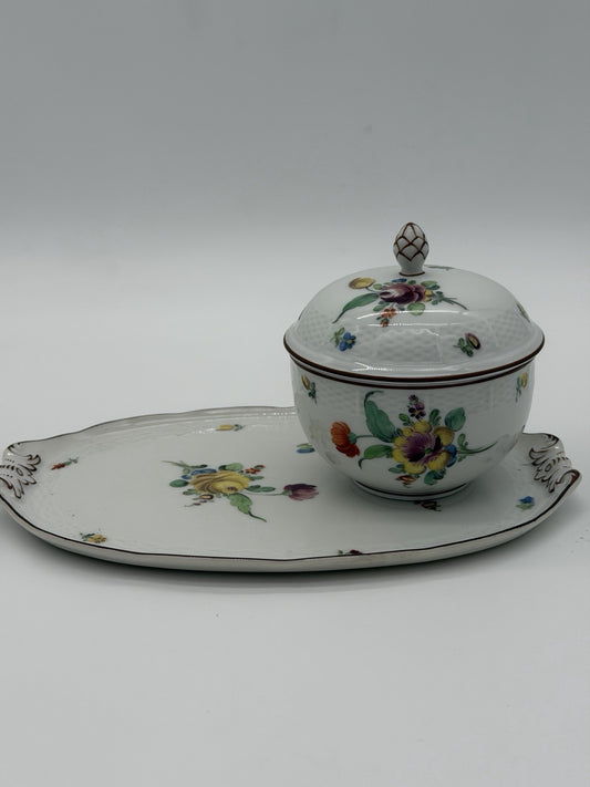 Antique Nymphenburg Porcelain Floral Sugar Bowl & Tray Basket Weave Set 2 PCs