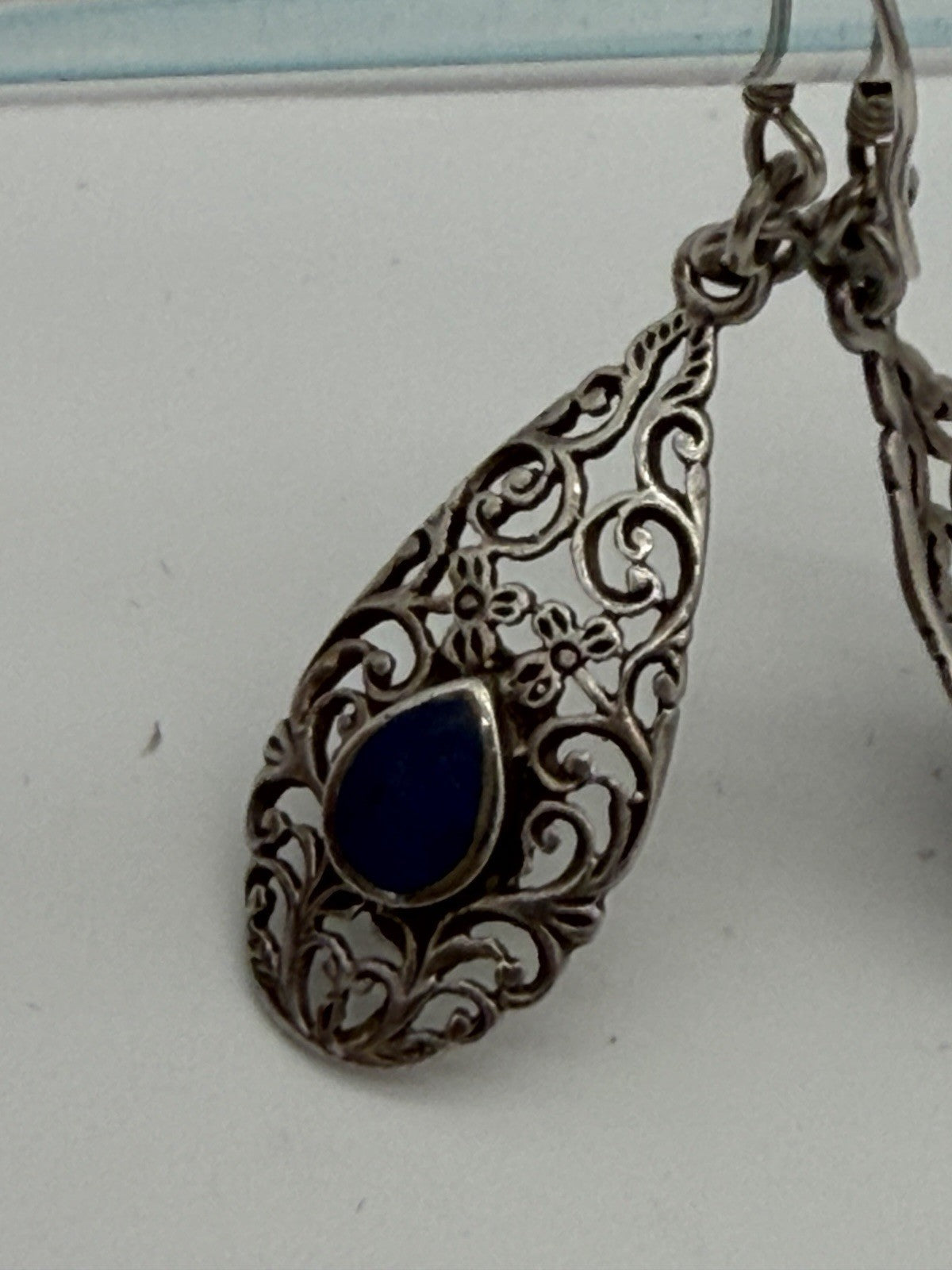 Sterling Silver Filigree with Blue Accent Stone Dangle Earrings