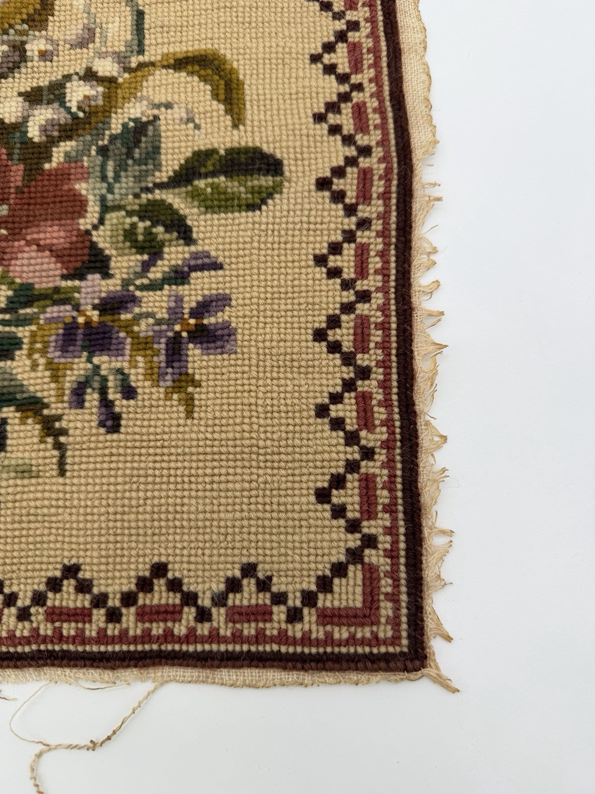 Antique Needlepoint Embroidery Victorian Roses Wool Embroidery panel top 12”x12”