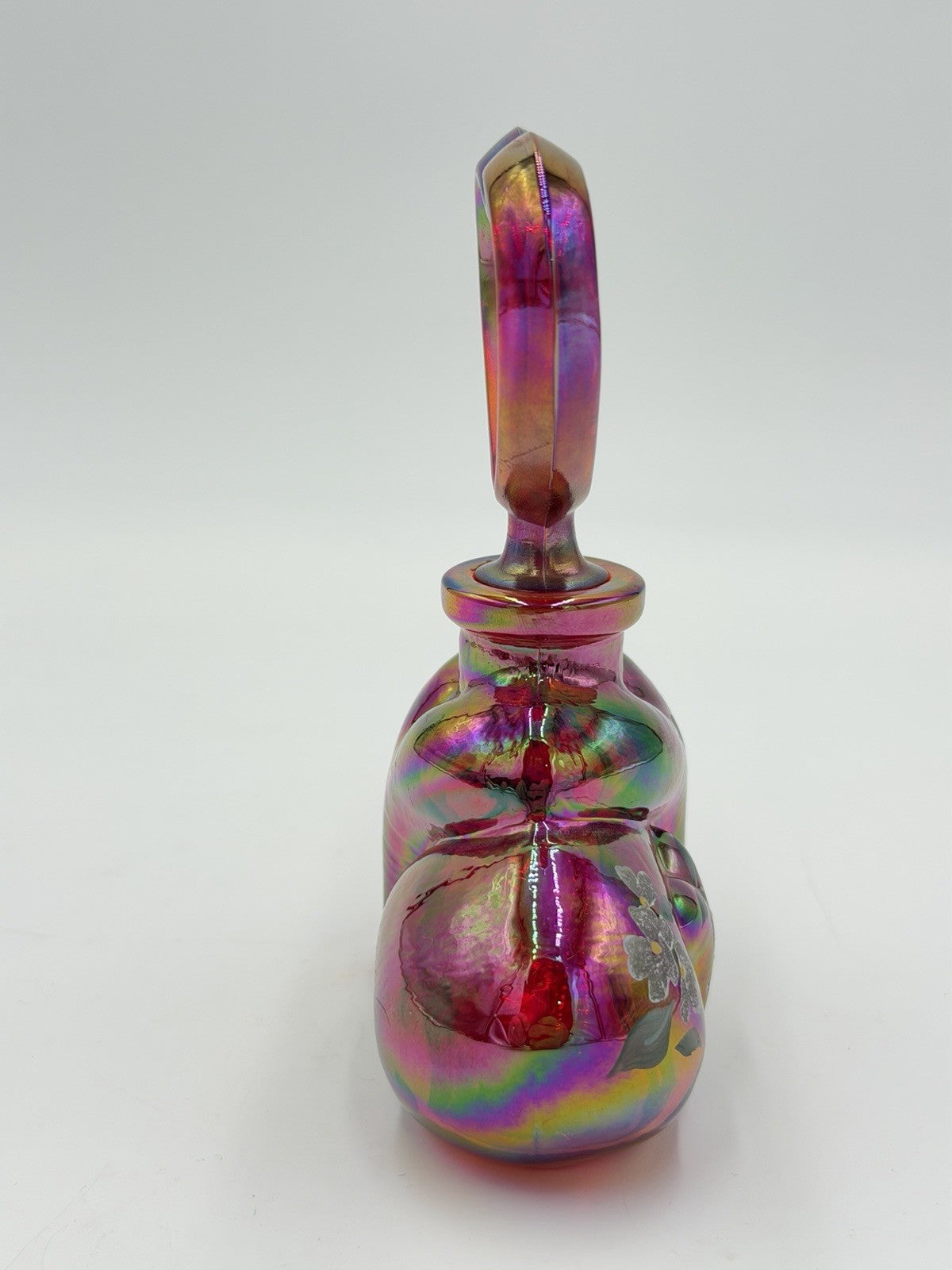 Fenton QVC Ruby Red Carnival Glass Perfume Bottle Heart Topper HP Flowers Signed