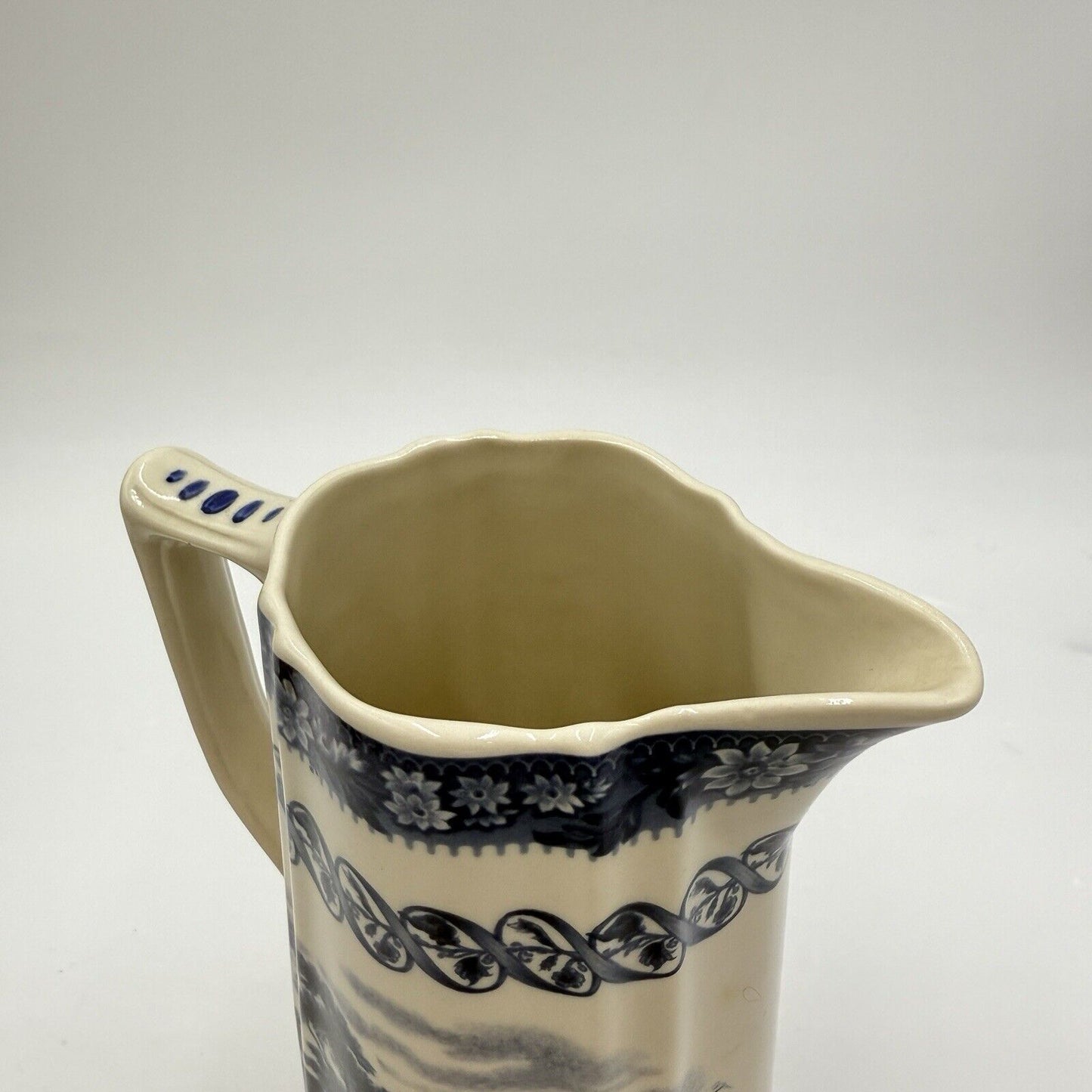 Antique Victoria Ware Ironstone Blue & White Farmhouse Pitcher Porcelain 8”