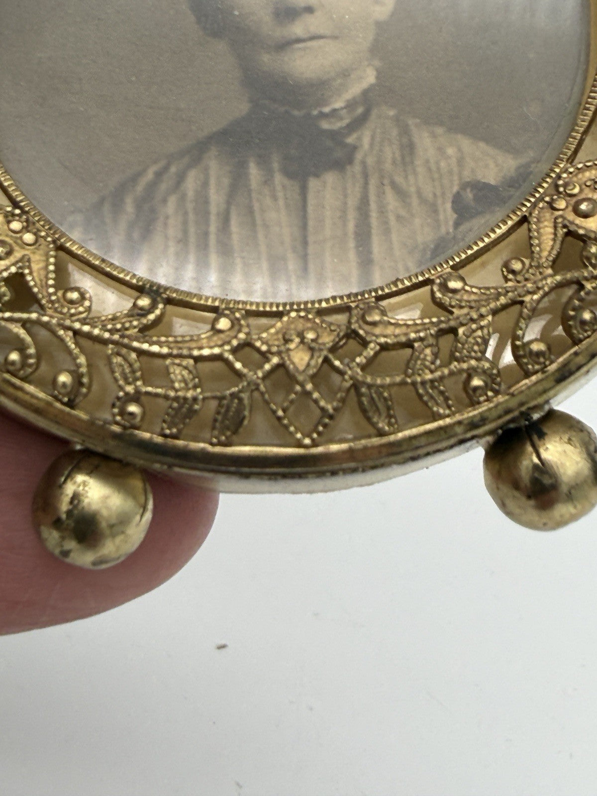 Antique Victorian French Gold Gilt Round Filigree Bow Crest Mini Photo Frame
