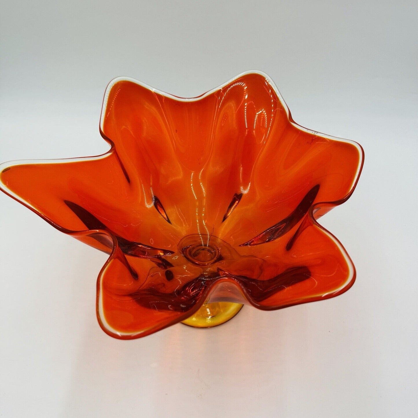 Viking Art Glass MCM Footed Amberina Orange Compote Epic 6 Petals Bowl 7.5”x 11"