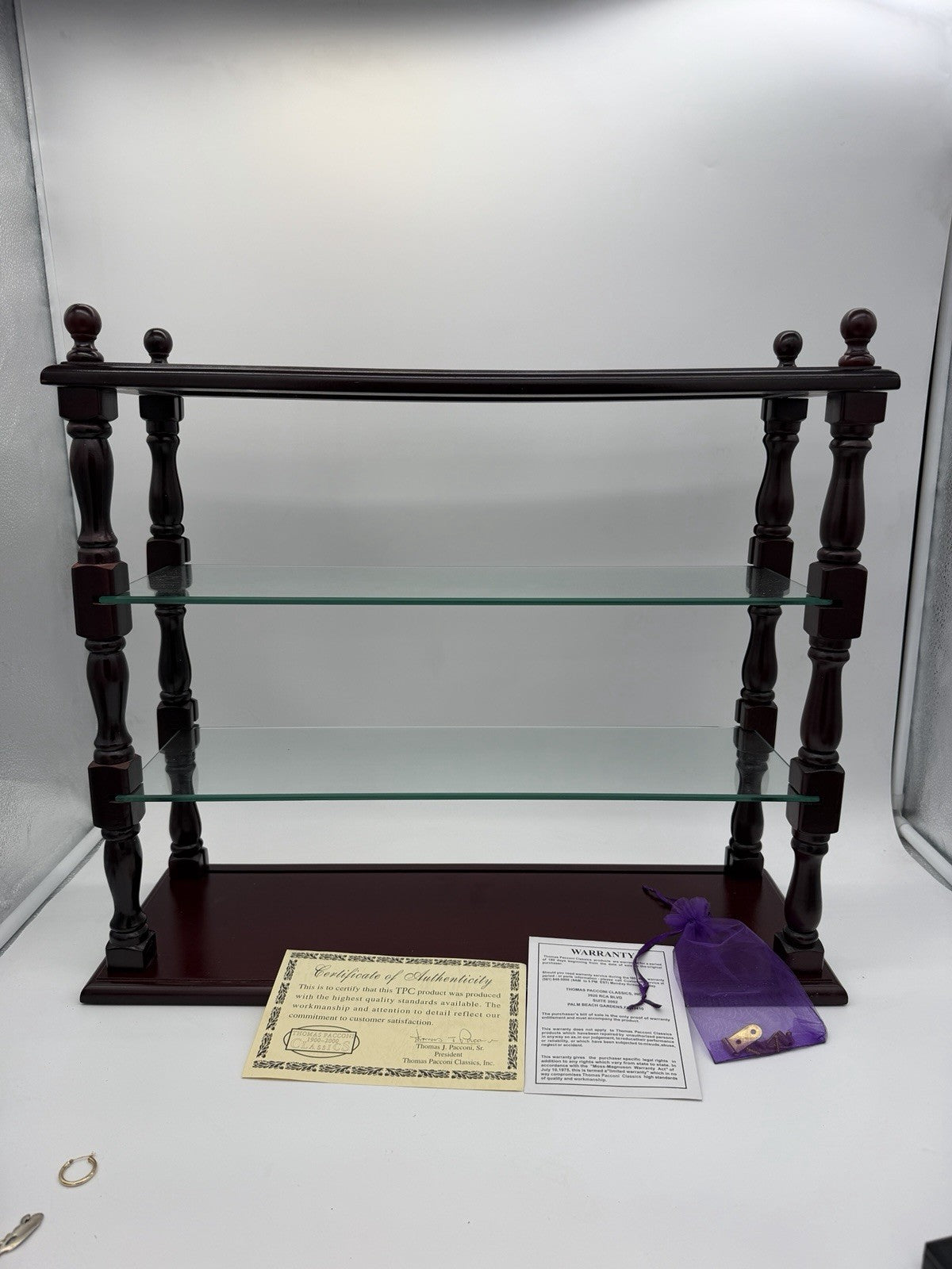 Vintage Thomas Pacconi Classics Wooden Mahogany Wall Shelf  Glass Display