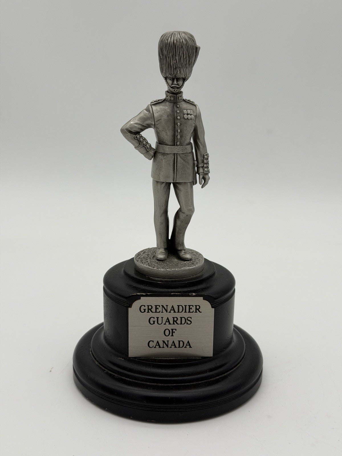 Vintage Pewter Grenadier Of Canada On wooden base soldier figurine Sculpture 7.5