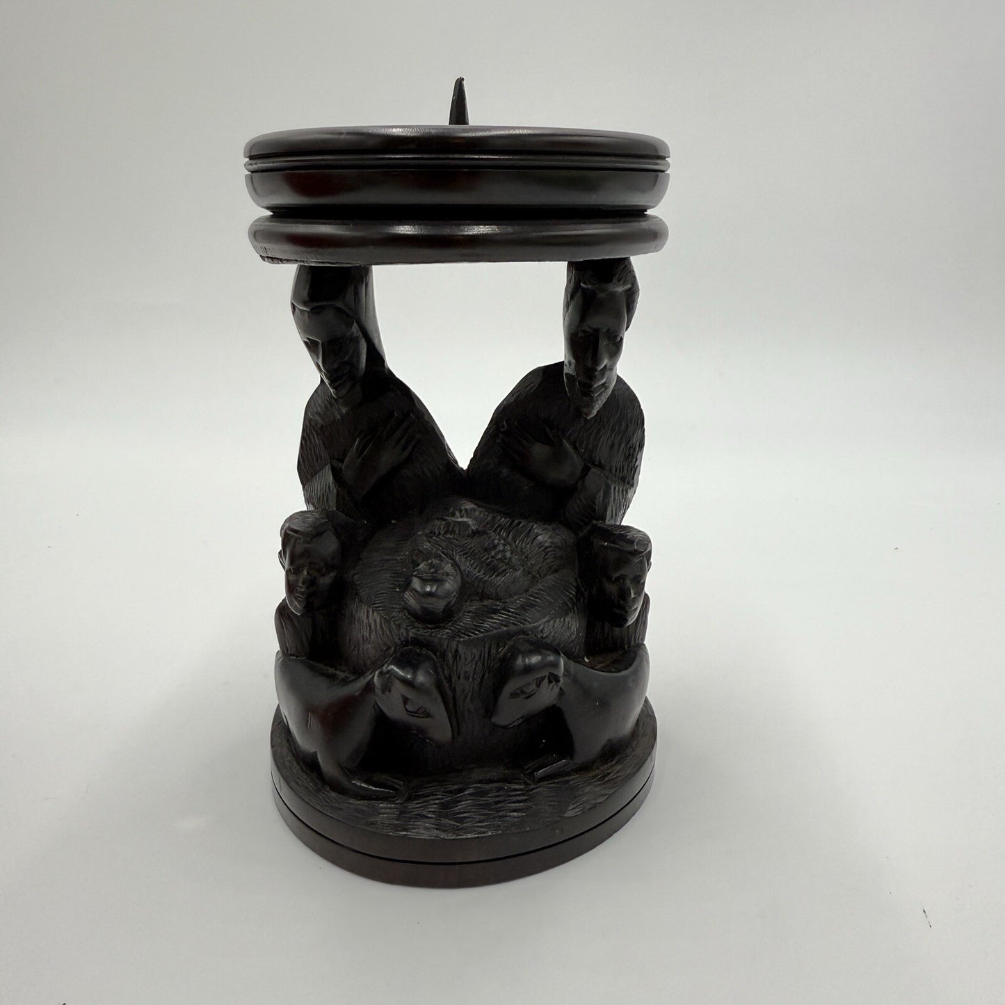 Vintage hand Carved Ebony Wood Nativity Candle Holder Solid Folk Art 6.5in