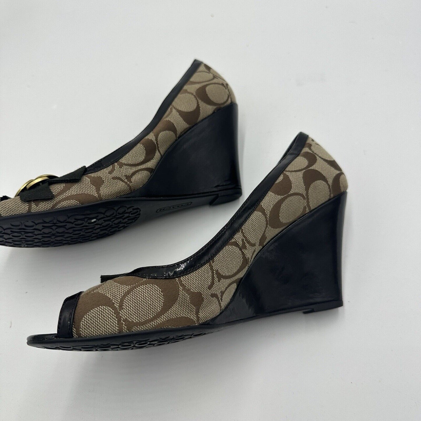 Coach Women's Shoes Size 9B Peep Toe Wedge Heels Black Beige Brown W/Bow Accent