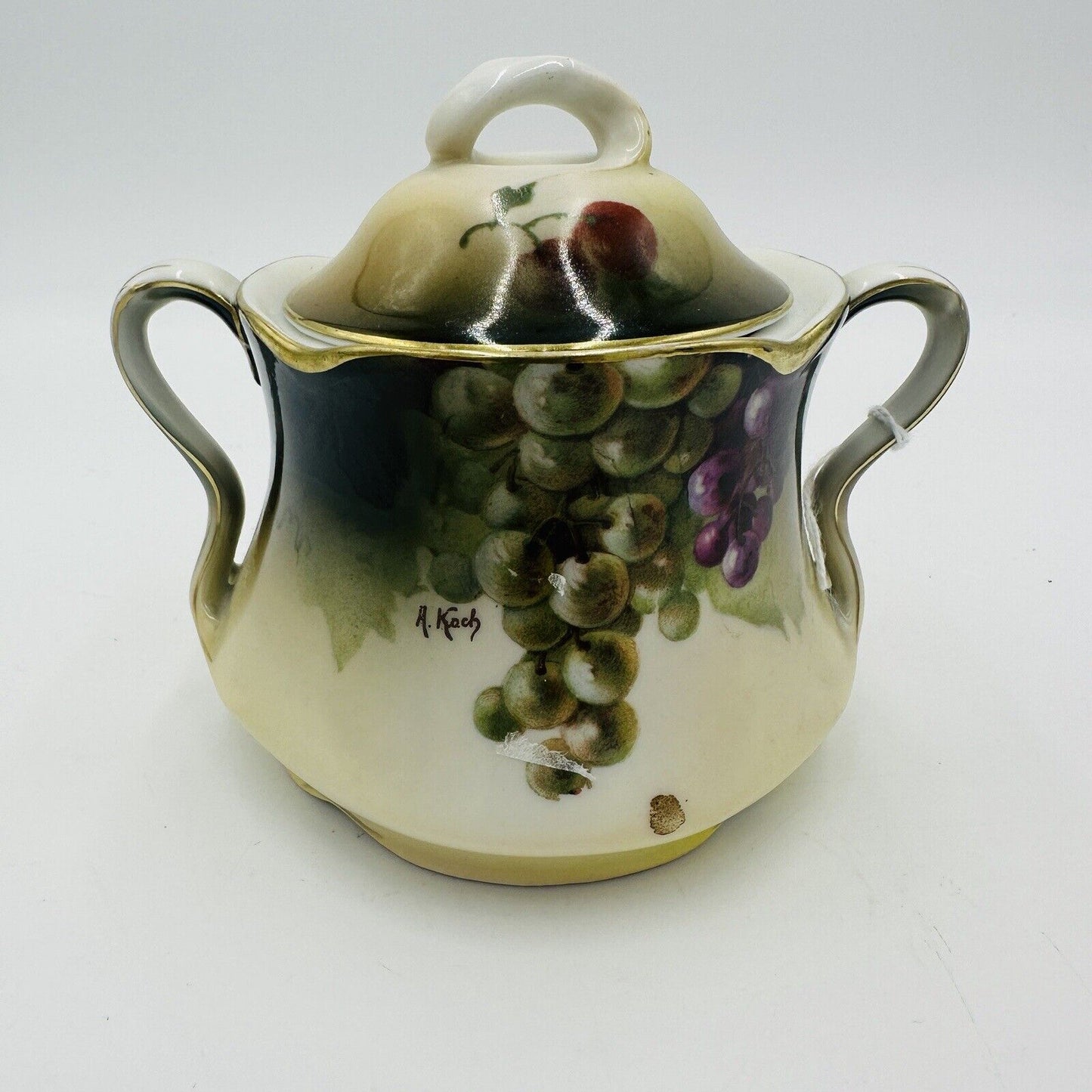 J & C Bavaria Sugar Bowl Louise Lid Hand Painted Grapes Vine Antique Porcelain