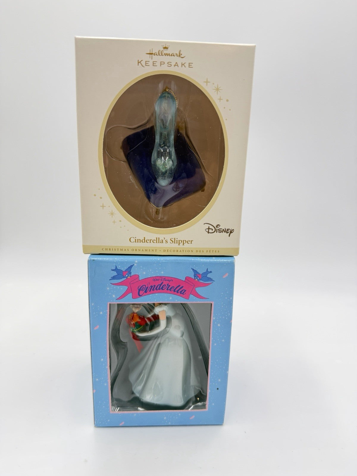 Hallmark &!Disney Grolier Cinderella Slipper Christmas Ornaments Set 2