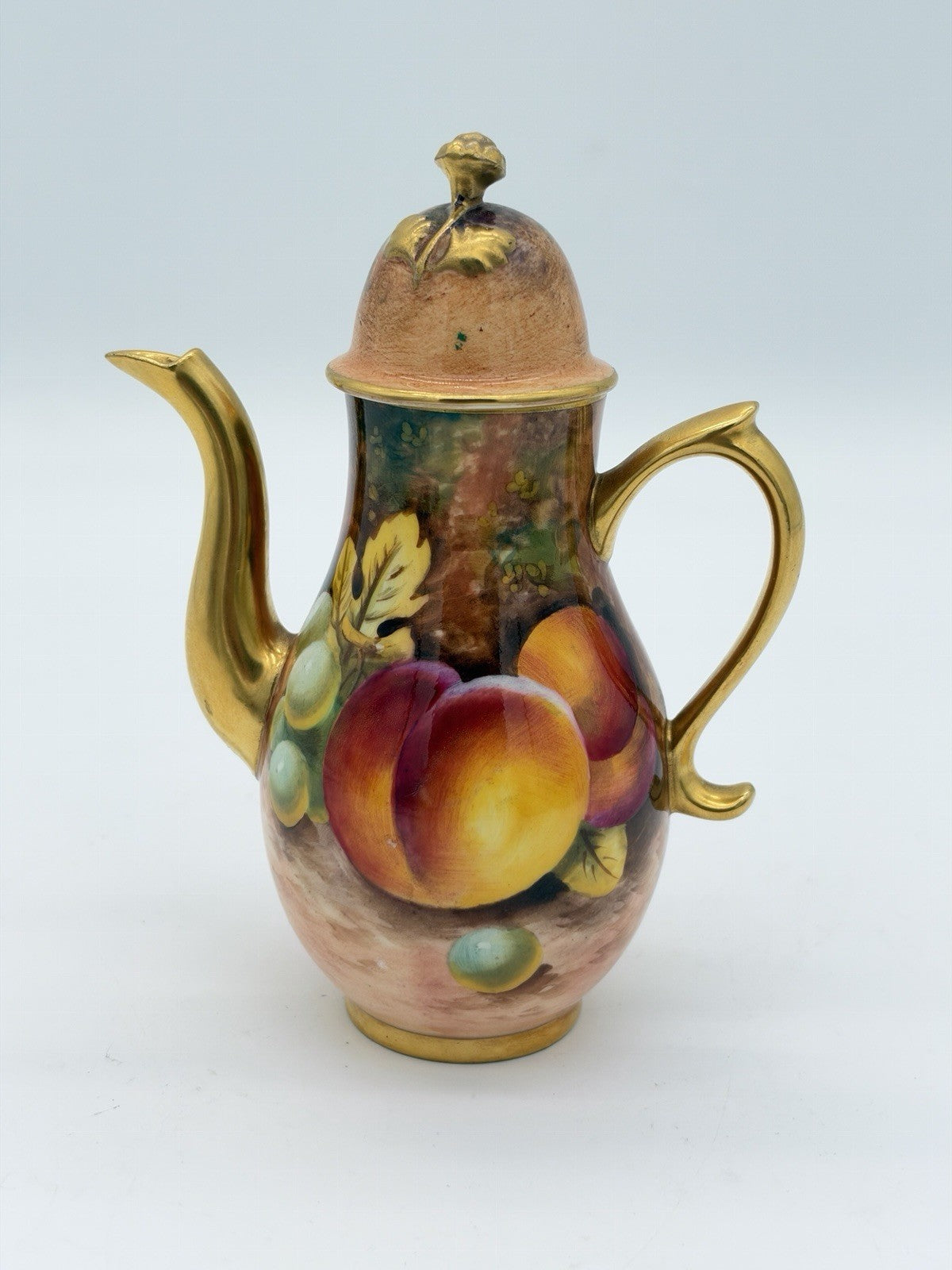 Royal Worcester England Porcelain Hand Painted 5” Teapot Orchard Peaches Gold