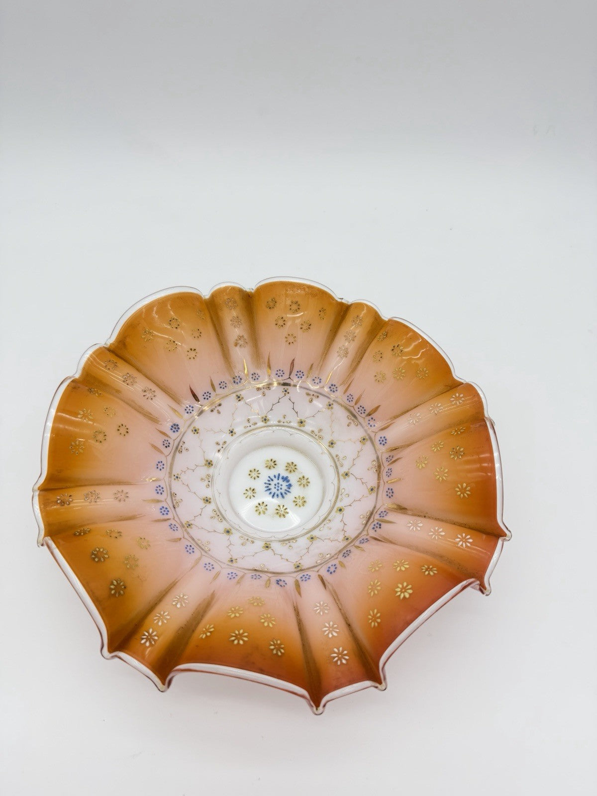 Antique Victorian Wedding Bride Art Glass Peach Ruffled Floral Hand Painted Bowl