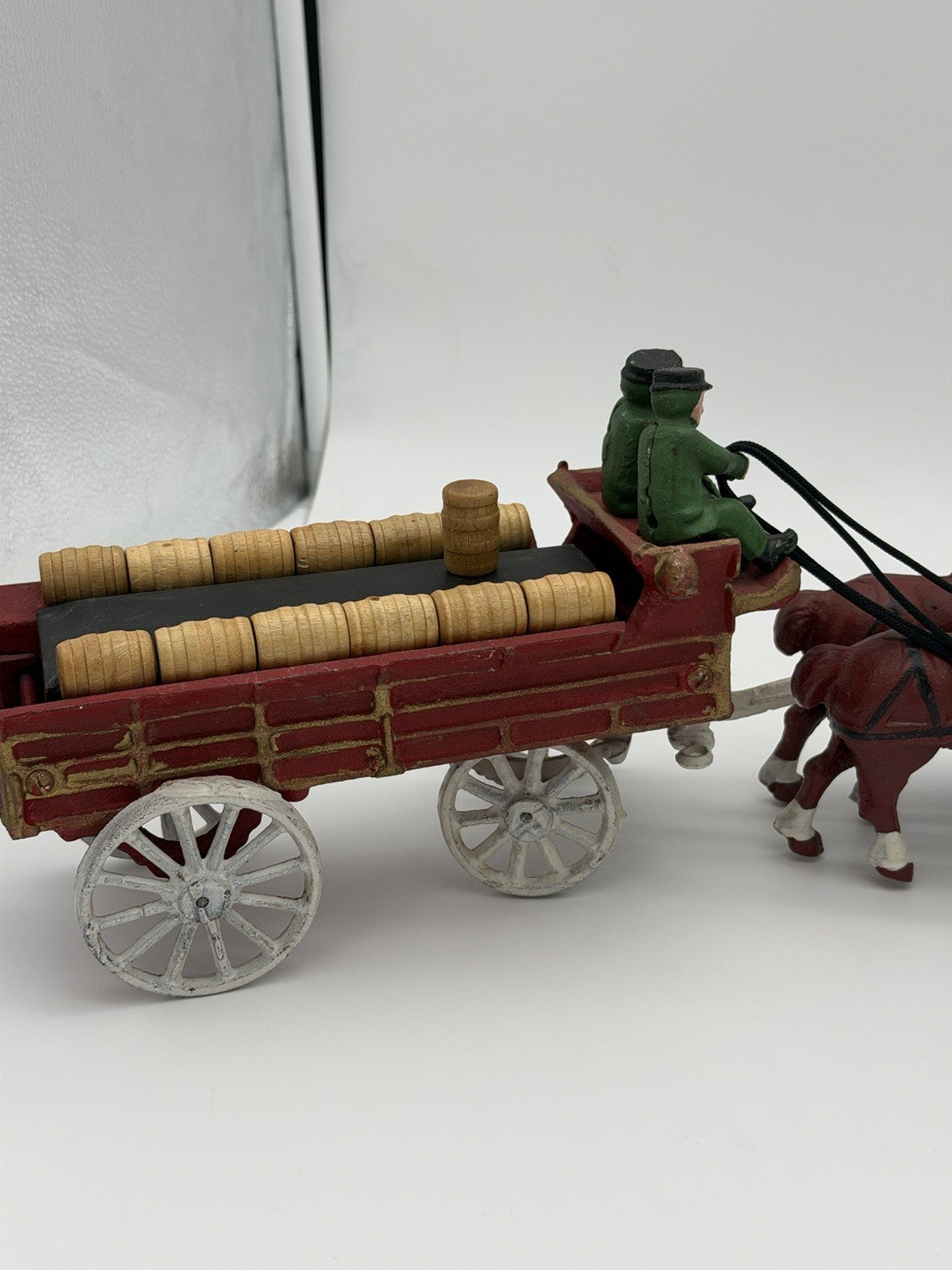 Vintage Budweiser Clydesdale Horse & Beer Wagon Cast Iron Set w/ 11 Wood Barrels