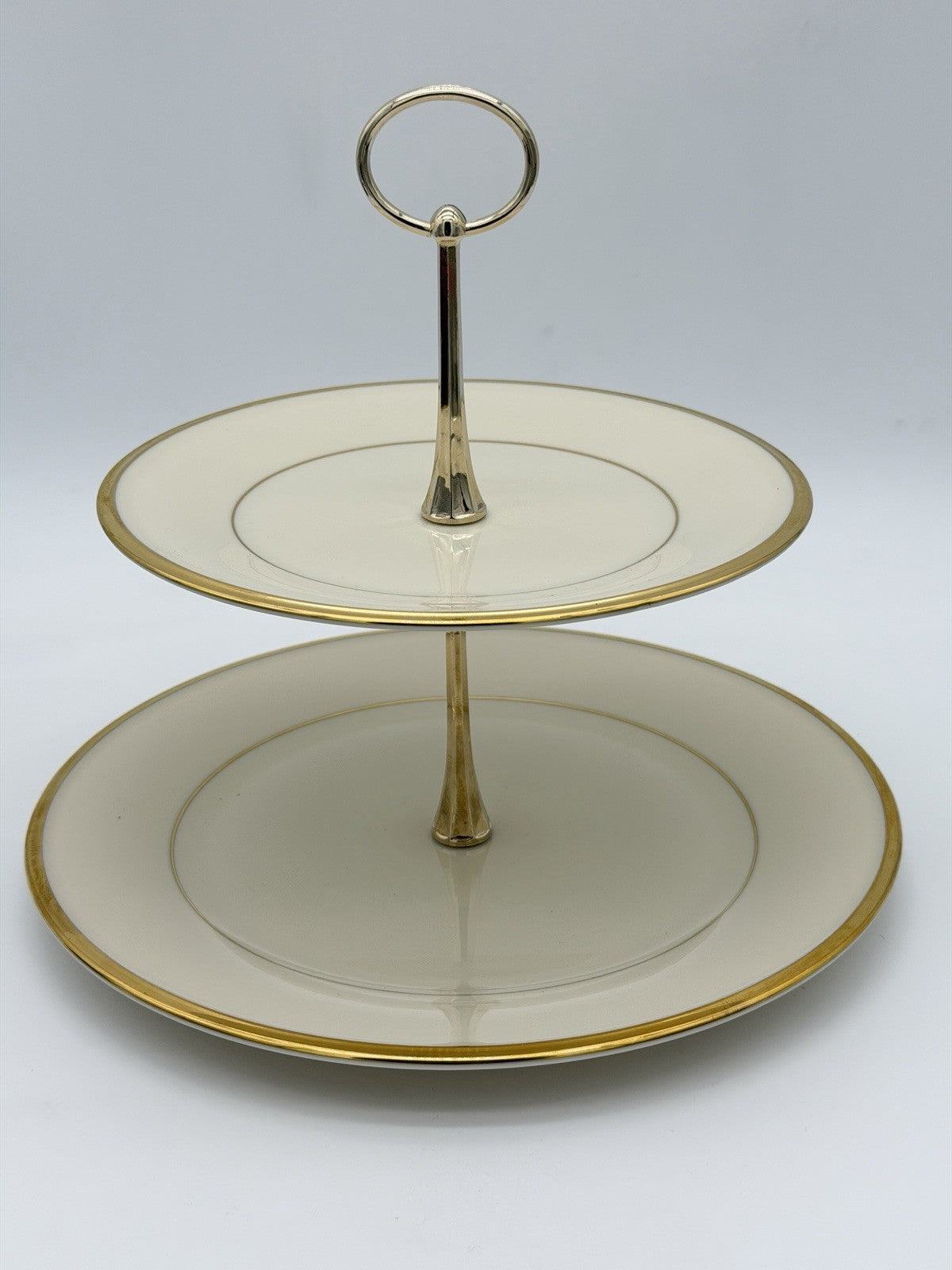 Lenox USA Porcelain  Eternal Gold 2 Tier Tidbit Appetizer Stand Gold rim 10”&8”