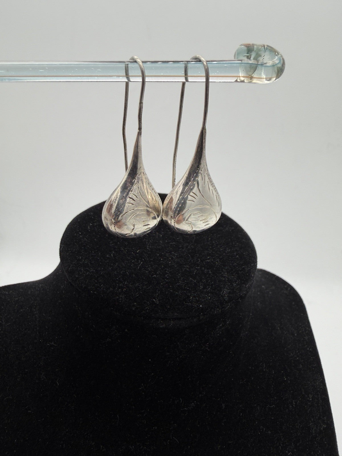 Sterling Silver Earrings Etched Leaf Feather Puffed Teardrop Raindrop Threader
