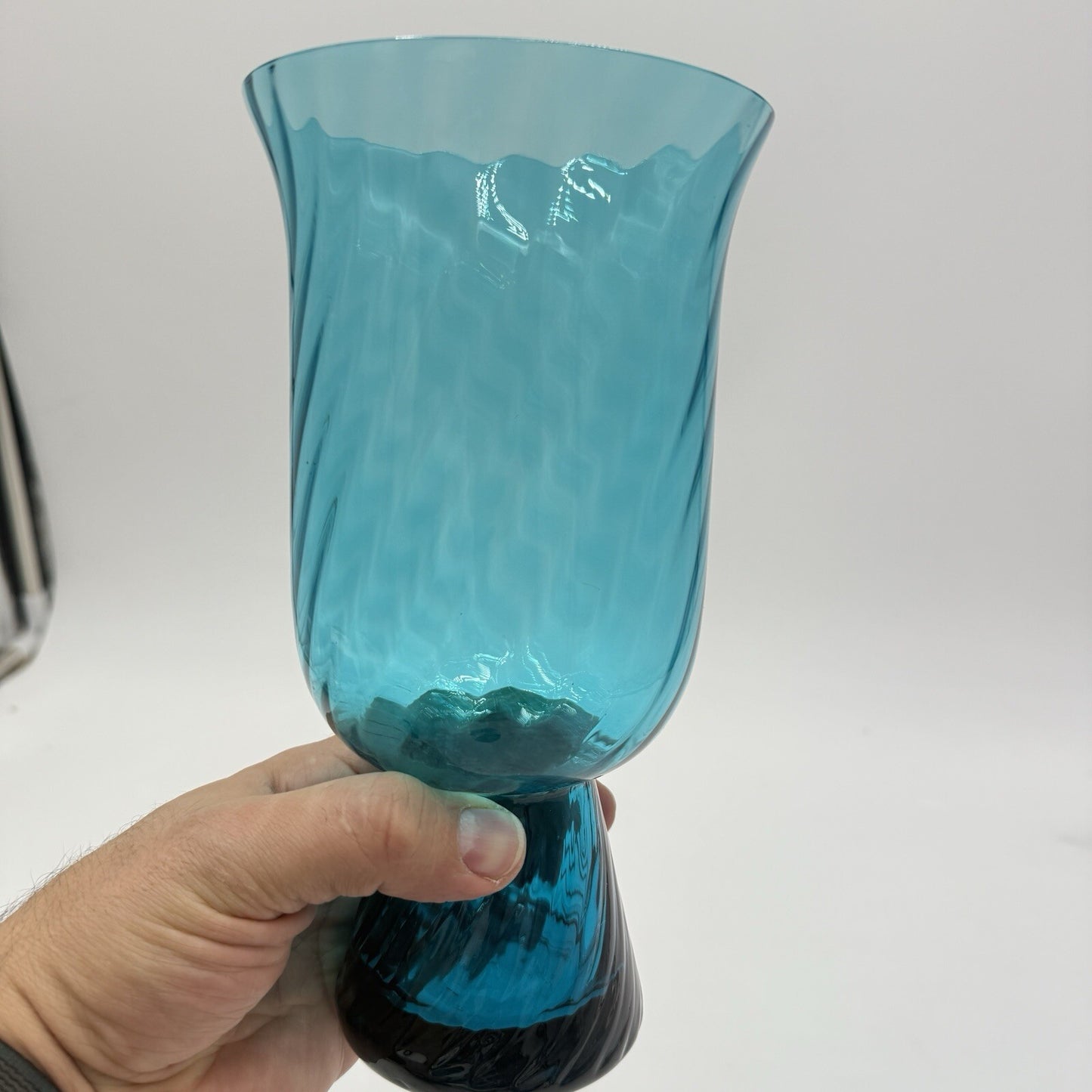 MCM Empoli Italian Handblown Art Glass Swirl Optic Teal Pedestal Vase 8.5in