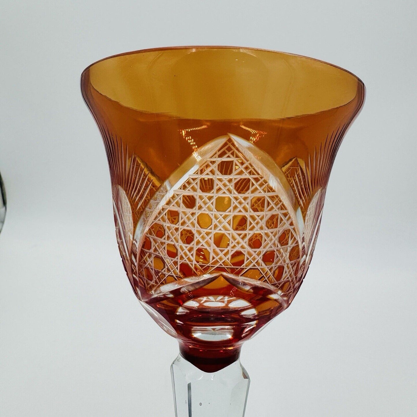 Bohemian crystal cut wine glass orange replacement 8” Vintage Etched