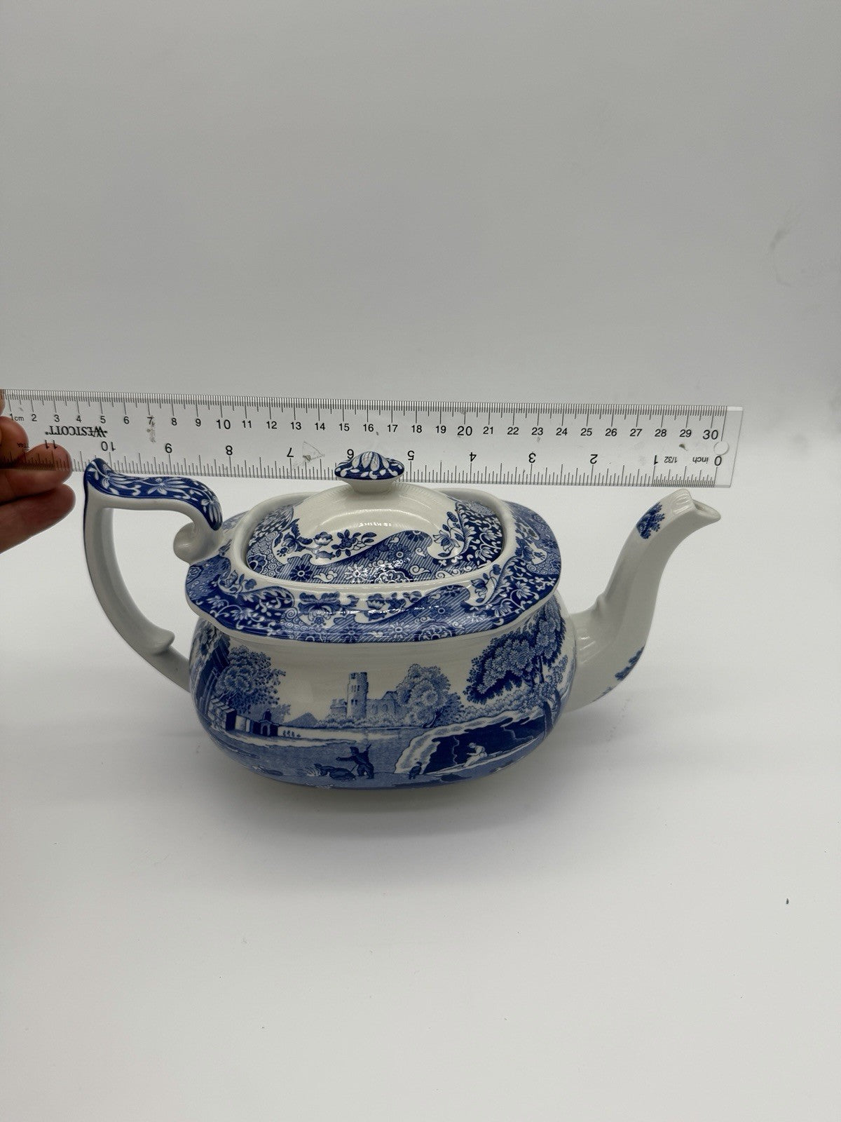 Large Spode England Porcelain Italian Blue & White Teapot 17/A4 Scenic 10”x5”