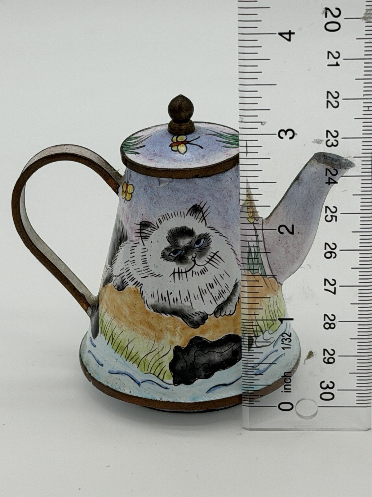 Vintage Kelvin Chen Enameled Hand Painted Cat Miniature Tea Pot 3.5”H Rare