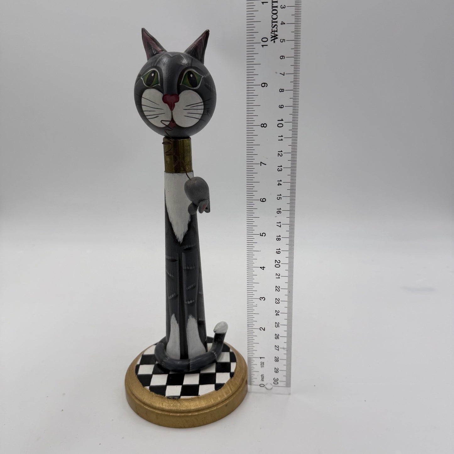 Vintage Folk Art American Spindle Art Cat With Mice Wood Carved 10.5”