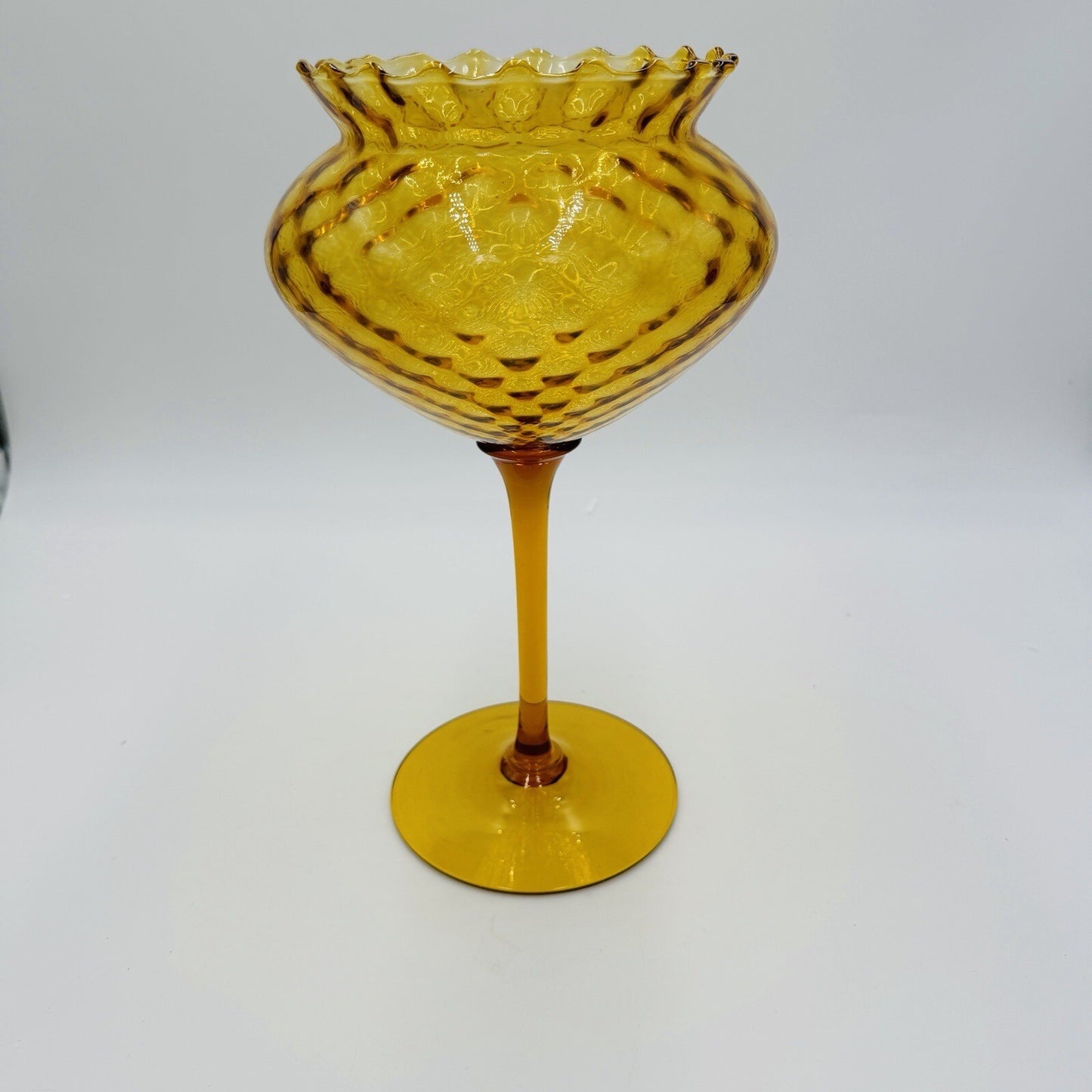 Italian Empoli amber glass diamond optic tall compote 12in