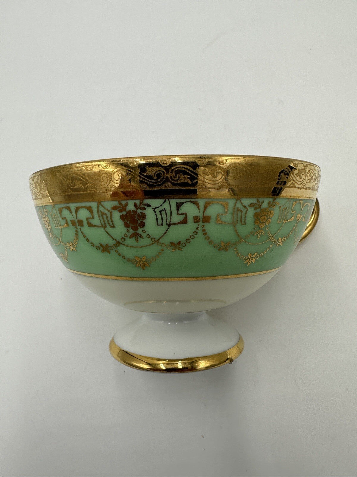 Czchoslovakia Bohemia Teacup Footed 24K Gold Encrusted Green Serveware Porcelain