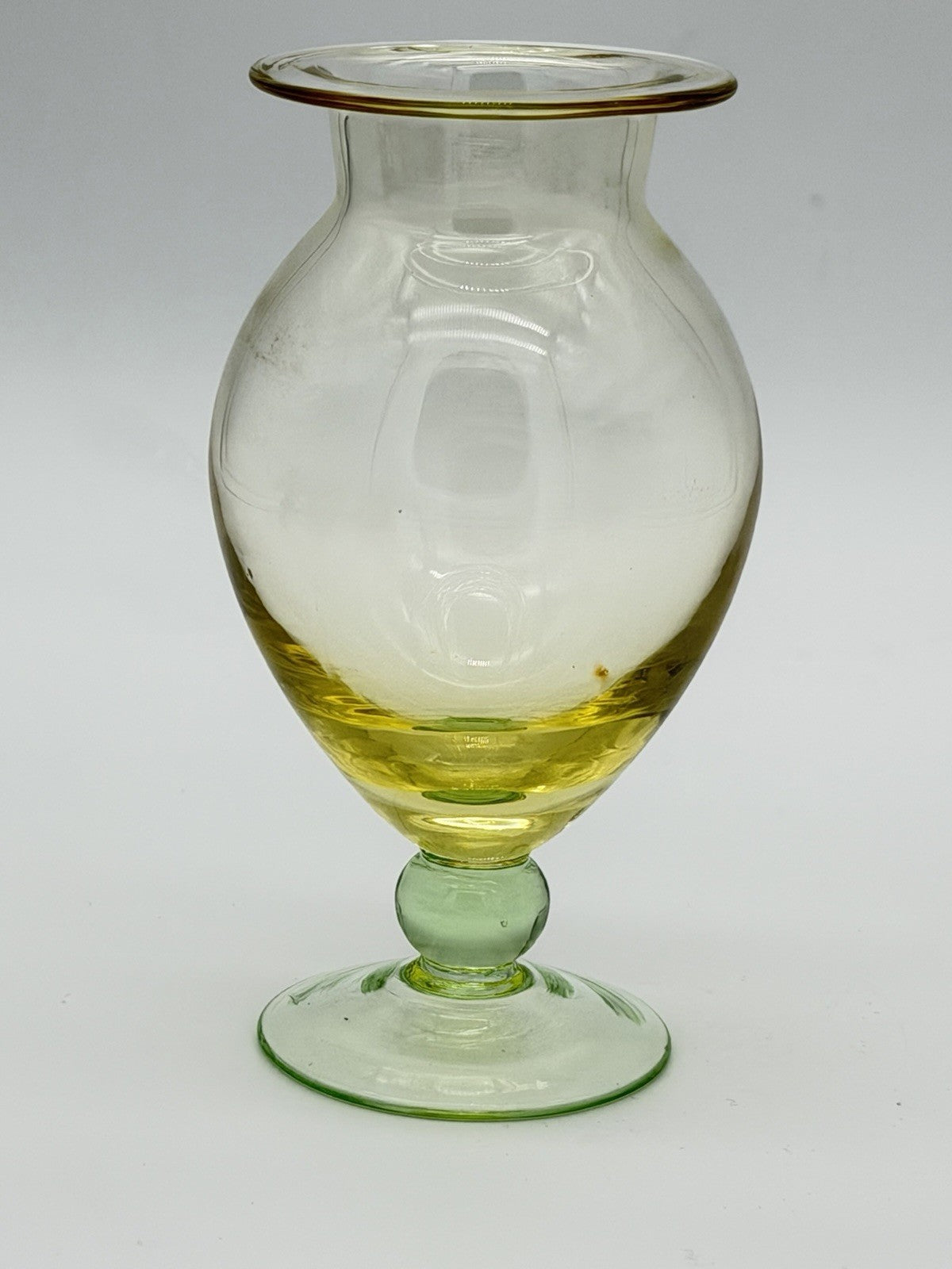 Vintage Tiffin art glass yellow w/green footed base Flower Vase 7”H Pedestal