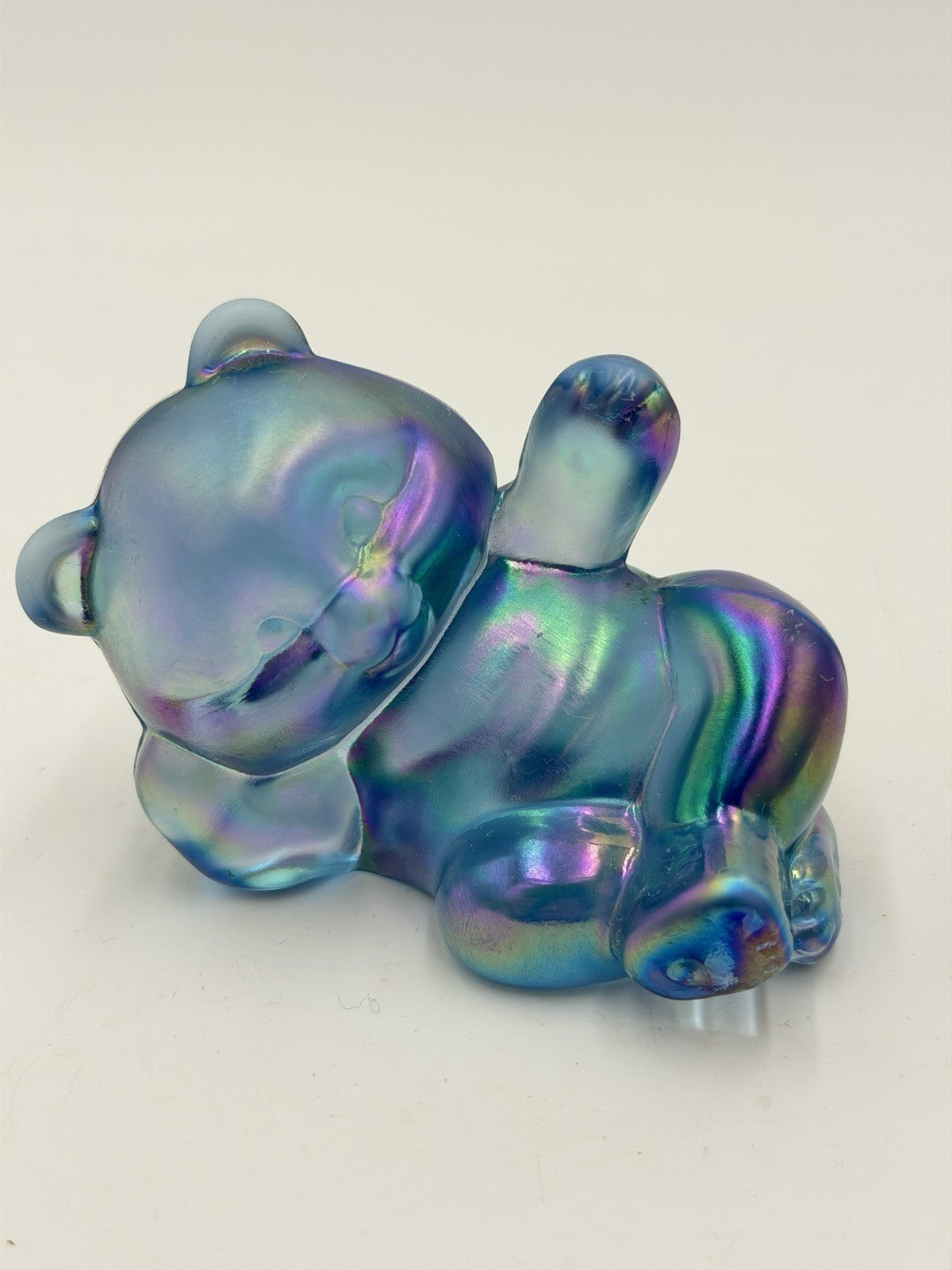 Fenton Art Glass Iridescent Opalescent Misty Blue Glass Laying Bear Figurine
