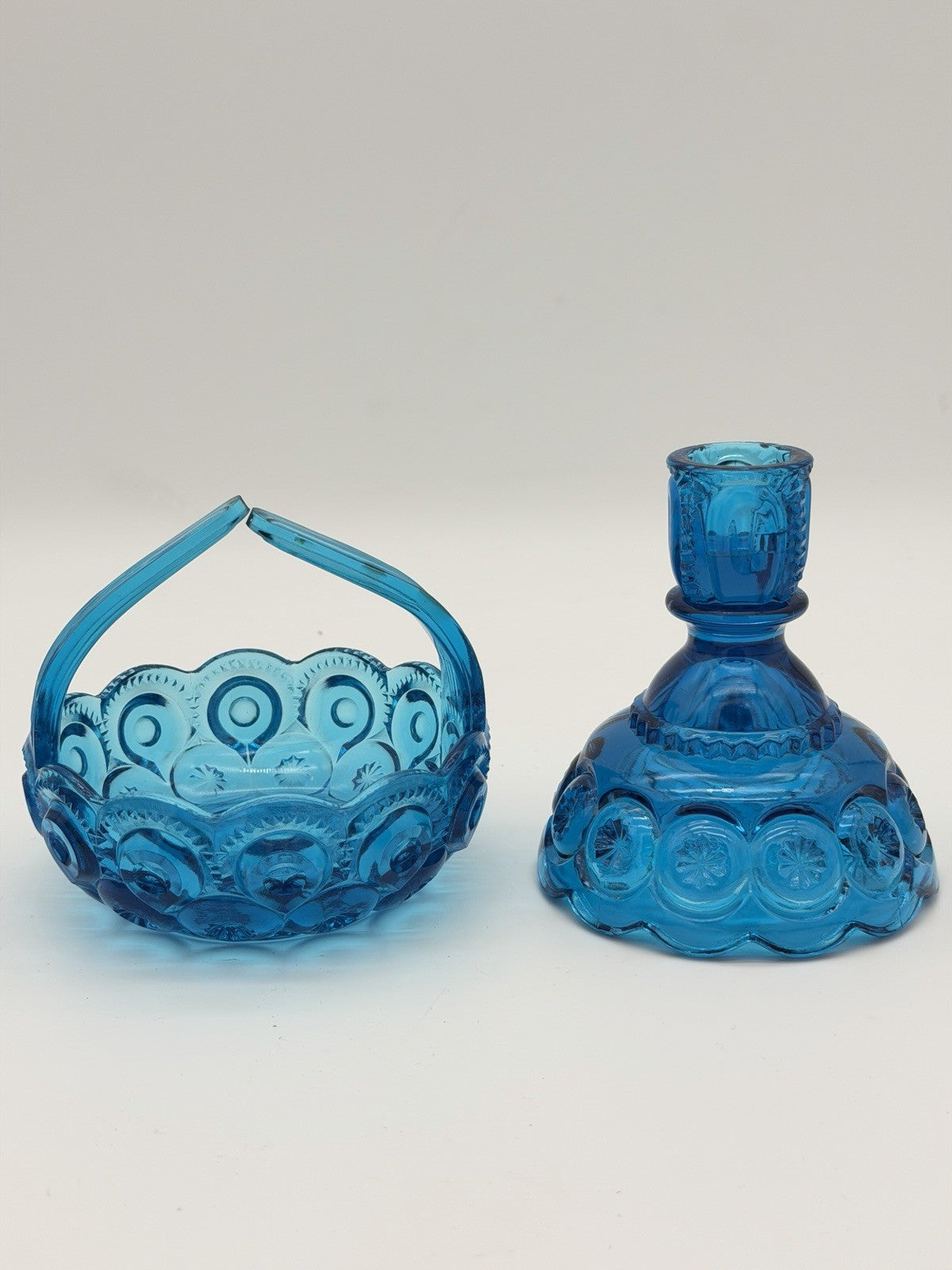MCM LE Smith Moon & Stars Art glass basket & Candleholder colonial blue Set