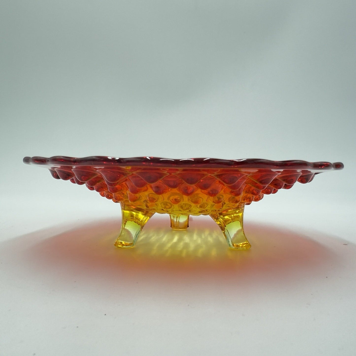 Vintage Fenton Art Glass AMBERINA Hobnail Footed Dish Bowl 7in Red Orange