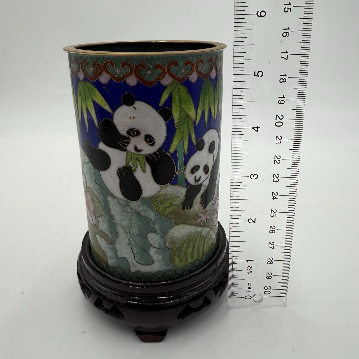 Rare Cloisone Enameled Chinese Panda Bear Bamboo Floral Vase 5.5”