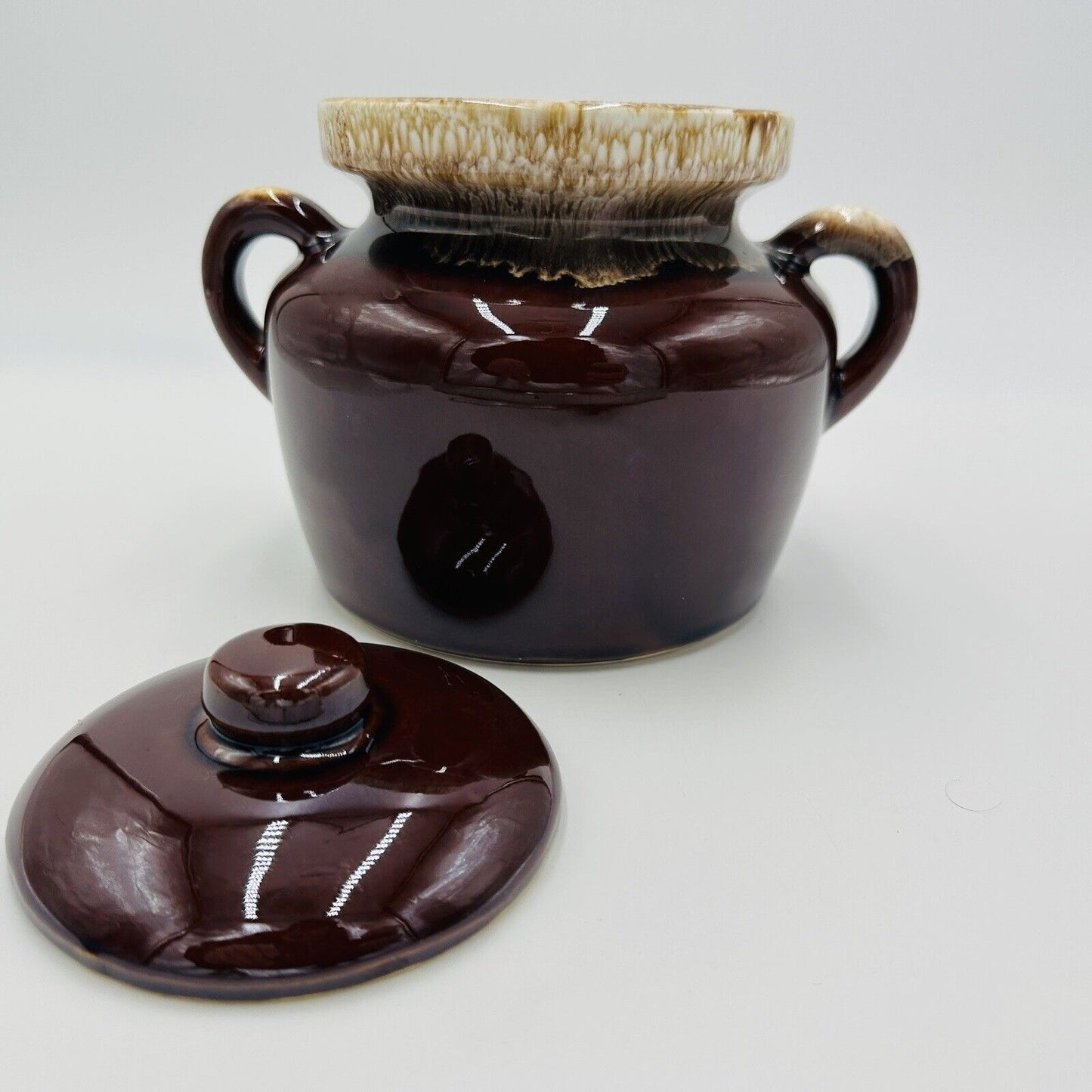 McCoy Pottery Bean Pot Brown Drip Glaze Lidded Handled #341 Vintage USA