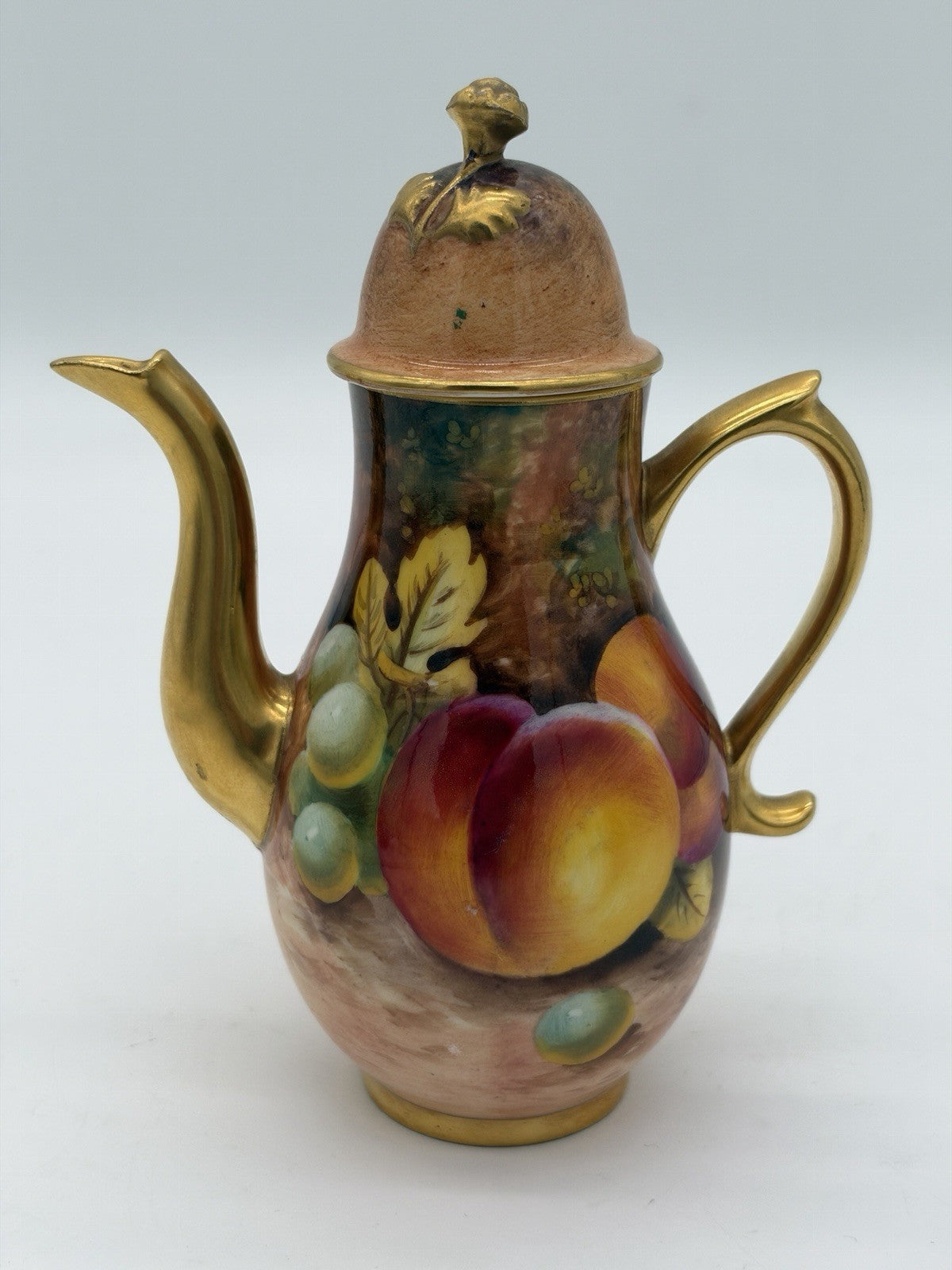 Royal Worcester England Porcelain Hand Painted 5” Teapot Orchard Peaches Gold