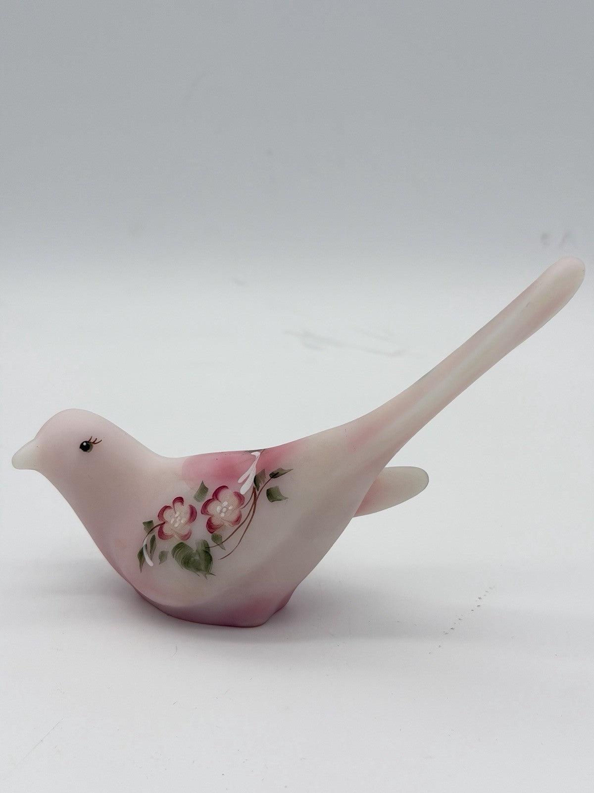 Fenton Rosaline Pink Satin Art Glass Bird Hand Painted Signed Shelley Fenton