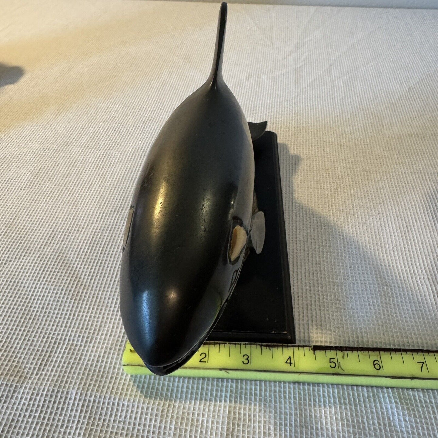 Orca Metal Sculpture No Marking Wooden Base Randy Puckett Style Not Original