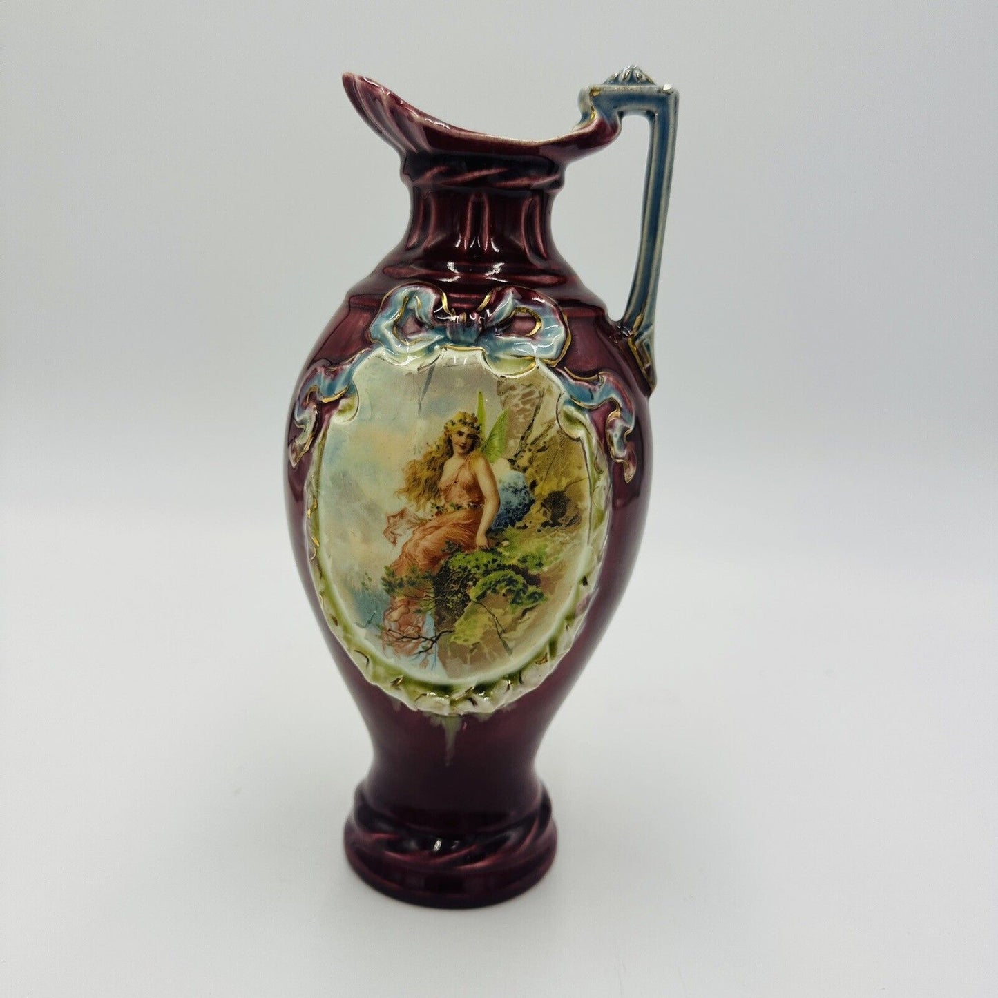 Majolica Red Pitcher Blue Ribbon Fairy Portrait Numbered 9in Porcelain Antique