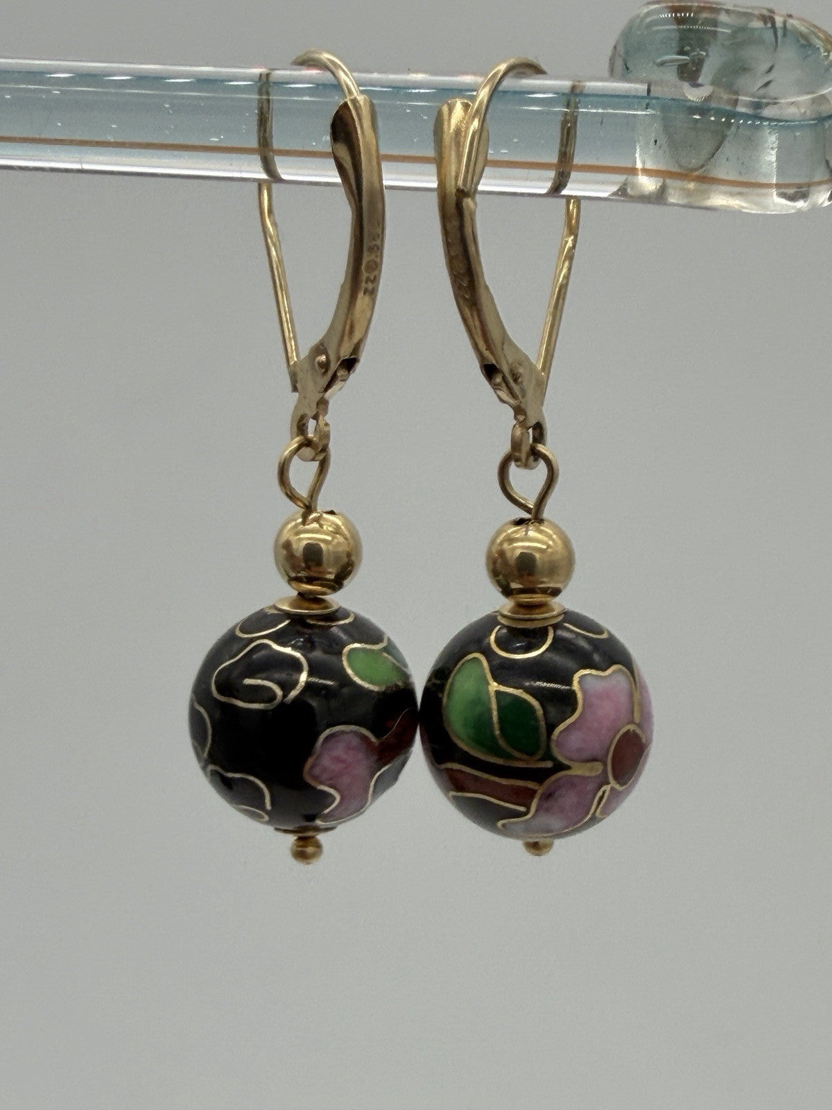 Vtg Pair of Earrings 14K Gold Cloisonne Flower Ball Drop Dangle Signed ZZ 585