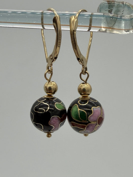 Vtg Pair of Earrings 14K Gold Cloisonne Flower Ball Drop Dangle Signed ZZ 585