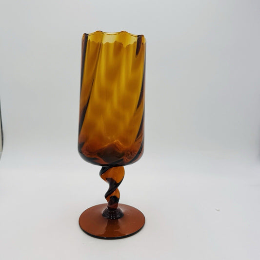 MCM Empoli Art Glass Italy Amber Optic Footed Twisted  Swirl Stem Vase Compote