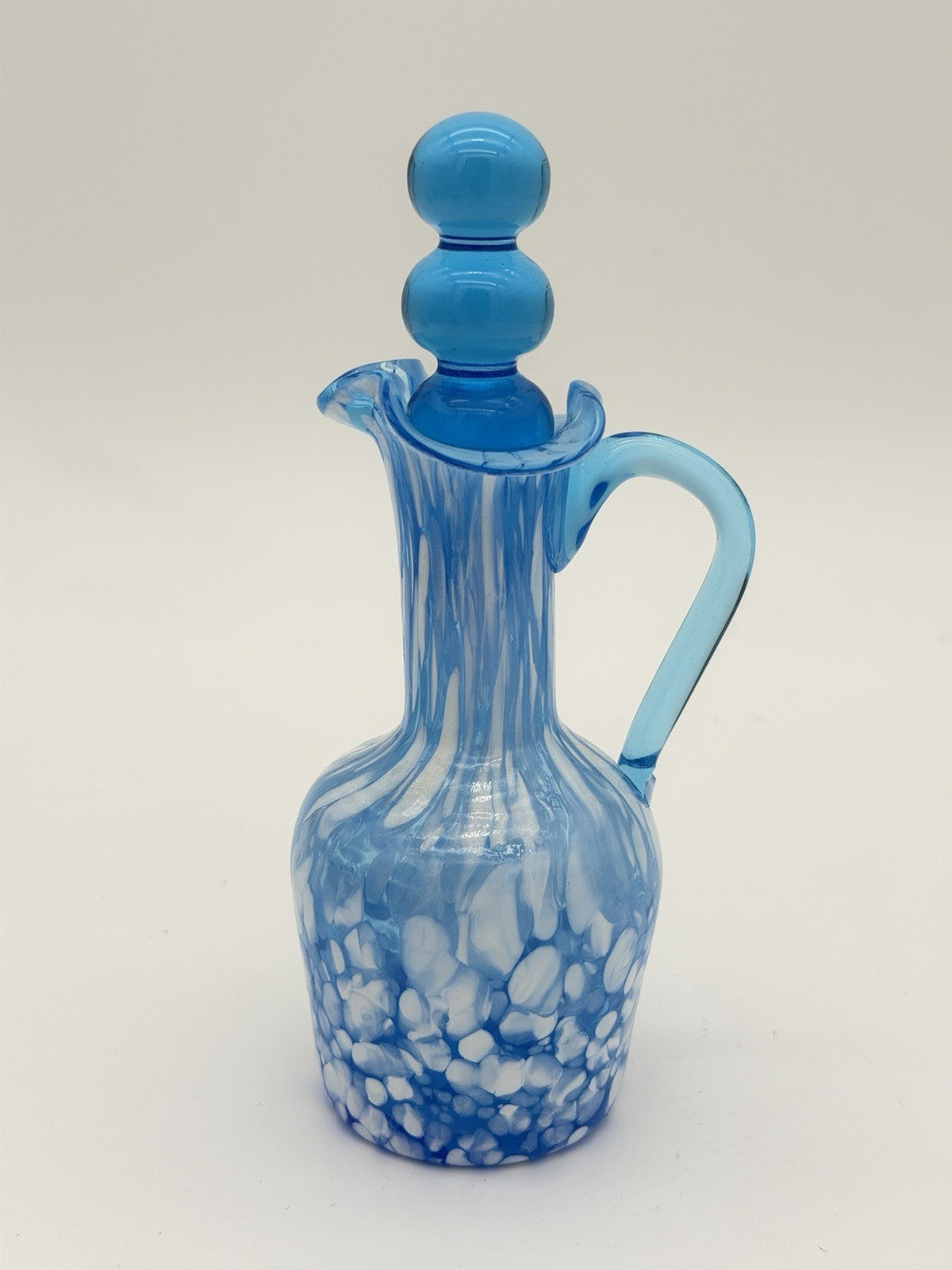 Rainbow Art Glass Cruet Blue Aqua White Spatter Milk Spots W/Stopper Vintage 6”H