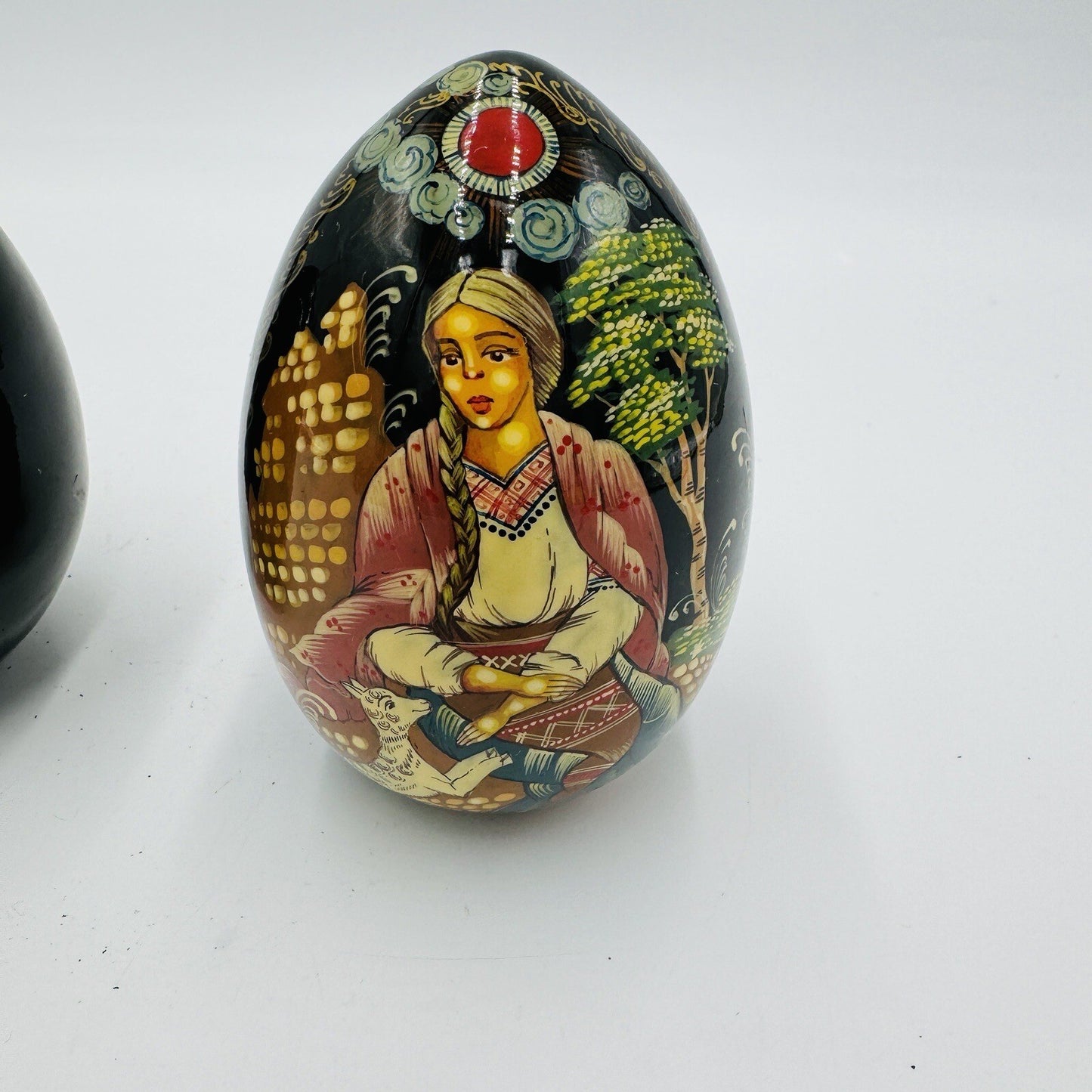 Mockba Hand Painted Easter Egg Wooden Folk Art 4.5in Signed Vintage
