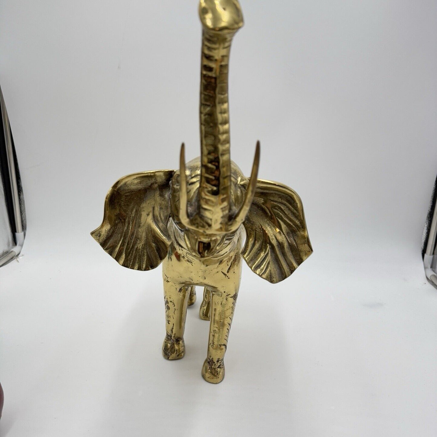 Solid Brass Elephant Sculpture Large 15”Tall Trunk Up Made In Korea Gold Heavy