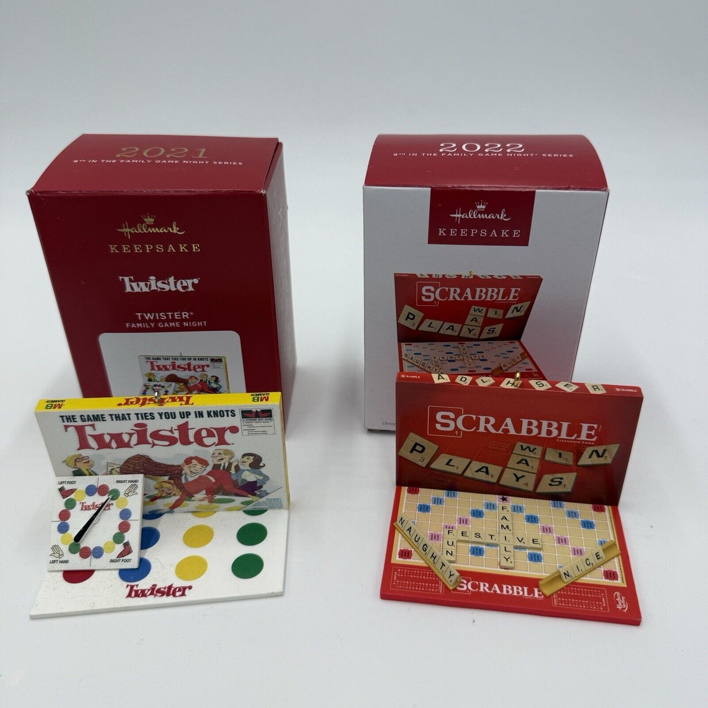 Hallmark FAMILY GAME NIGHT Ornaments 2021 TWISTER & 2022 SCRABBLE NIB