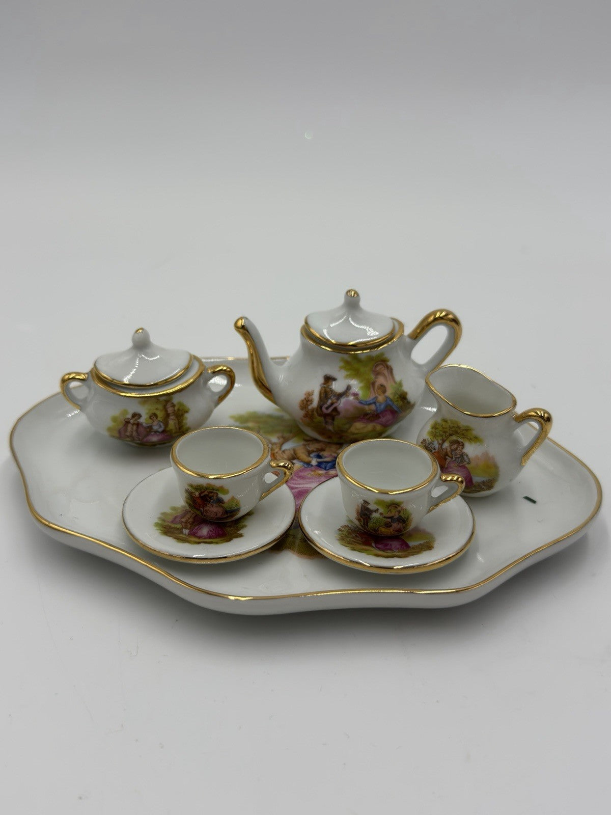 EME porcelain Spain miniature tea set romantic scene victorian 8 PCs  Dollhouse