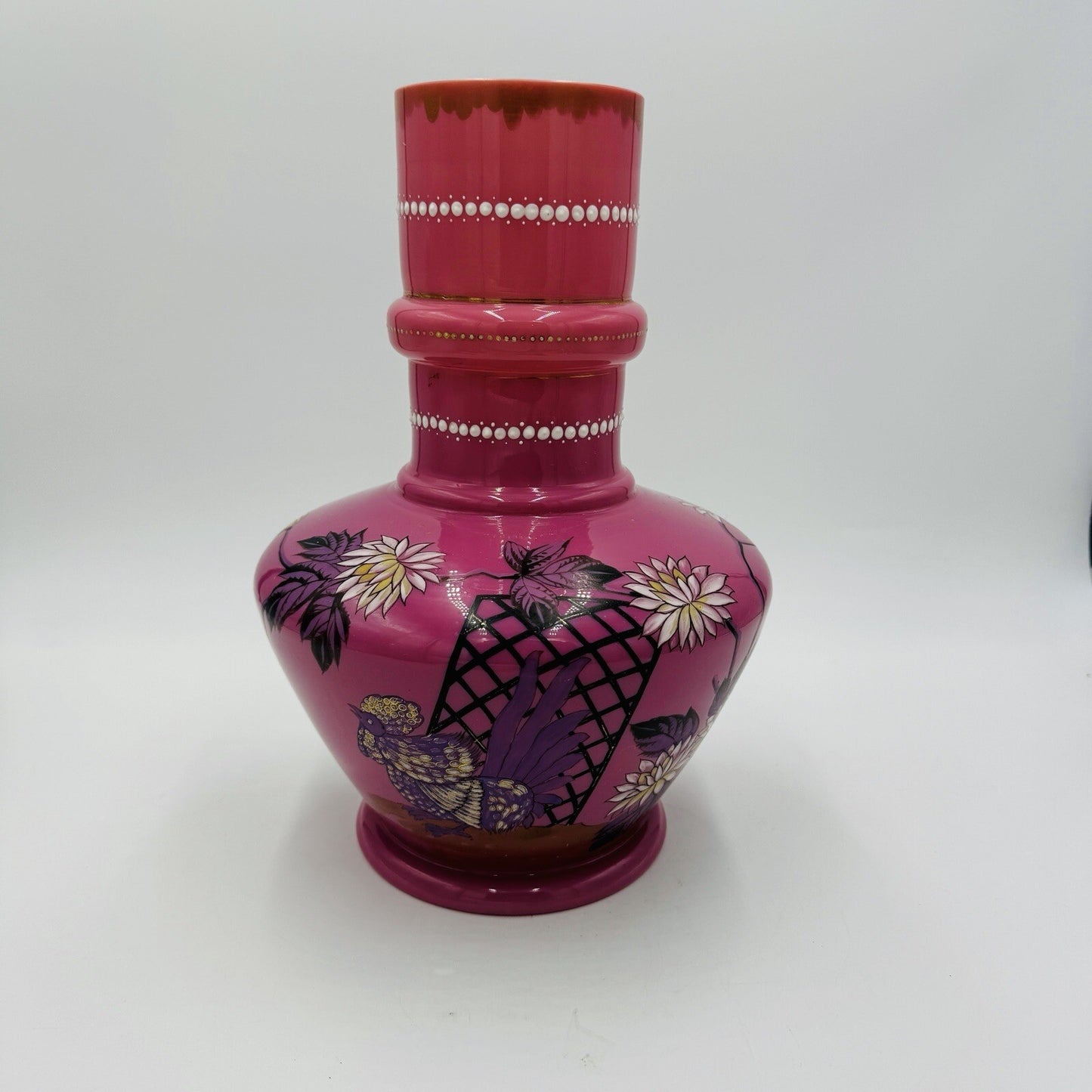 Victorian Aesthetic Pink Opaline Glass Vase Roosters Fighting Daisies Large Rare