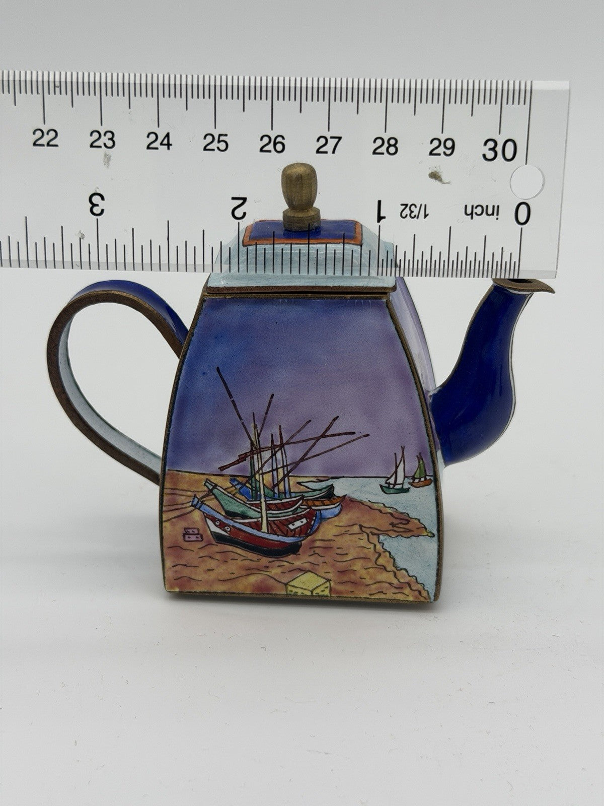 Kelvin Chen miniature enamel copper teapot Van Gogh inspired fishing boat scene