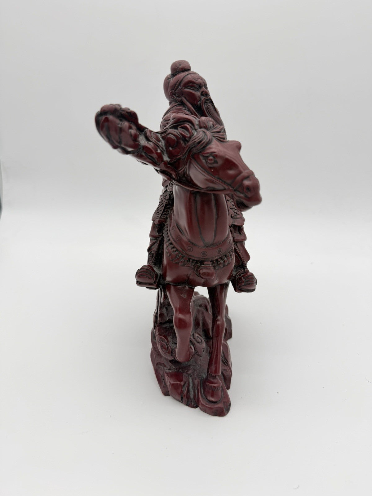 Large Chinese Red Resin Guan Yu Warrior Riding Galloping Horse Sculpture 10”x12”
