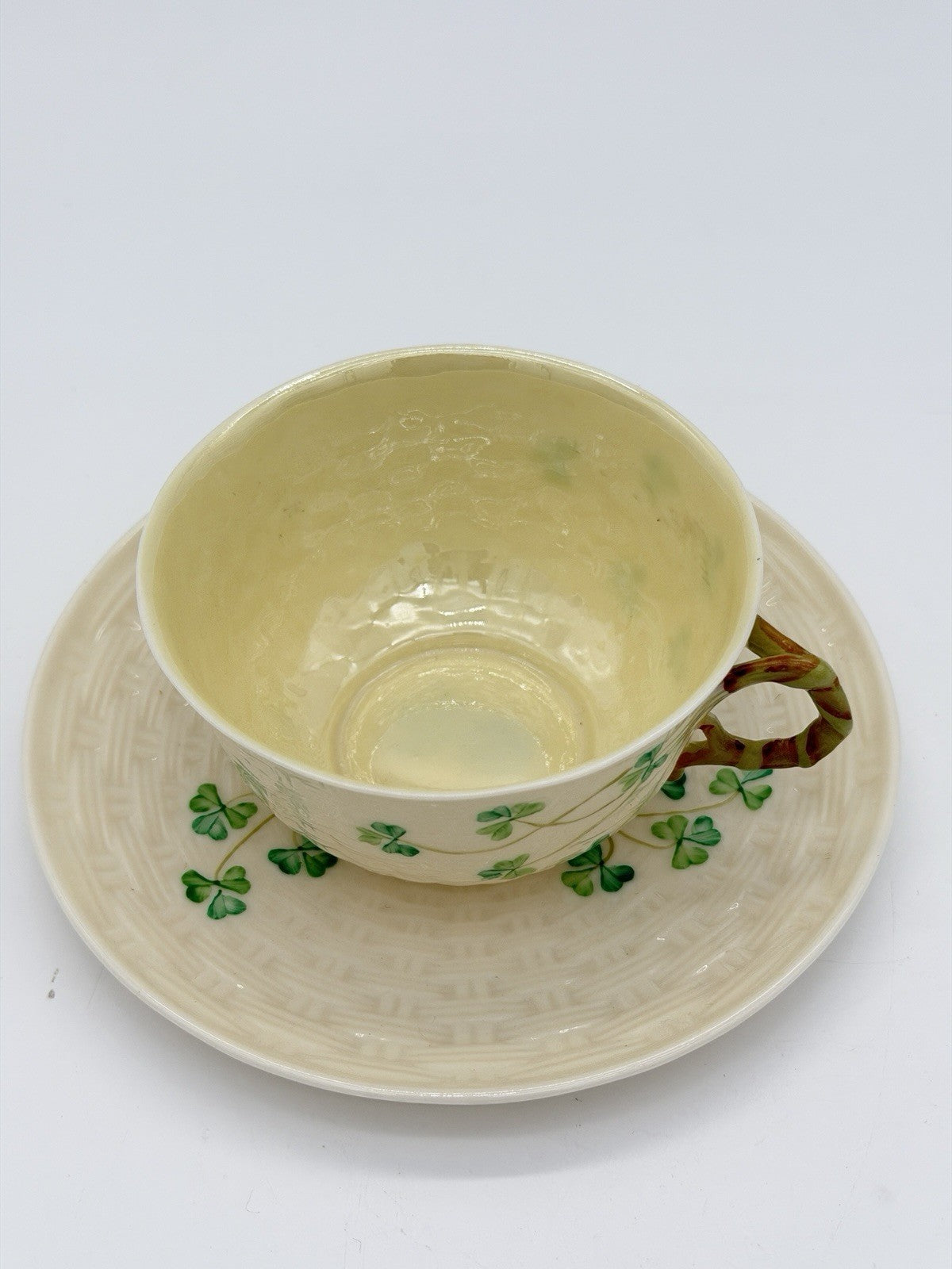 Belleek Irish Porcelain Shamrock Teacup & Saucer 5th Green Mark 1955–1965