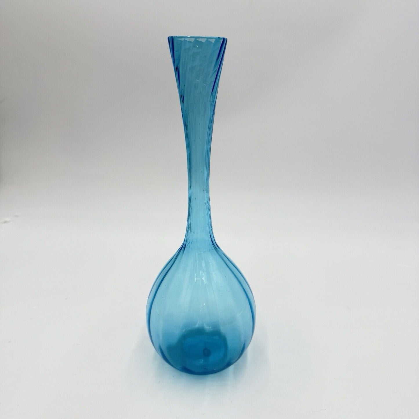 Vintage Swedish Art Glass Flower Bud Aqua Blue Bulb Glass Vase 10” Swirl